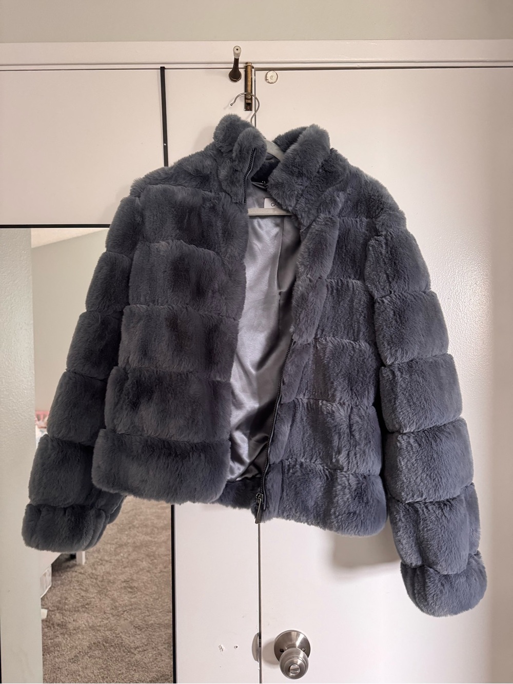 Calvin Klein Faux Fur Pea Coat in Charcoal Gray